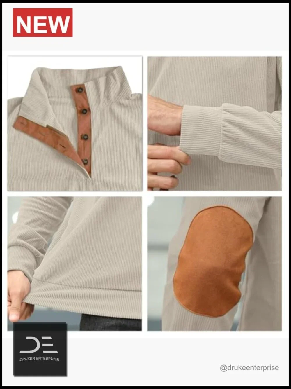 Corduroy Long Sleeve Button-Down Shirt Stand Collar Pullover Sweater Men's